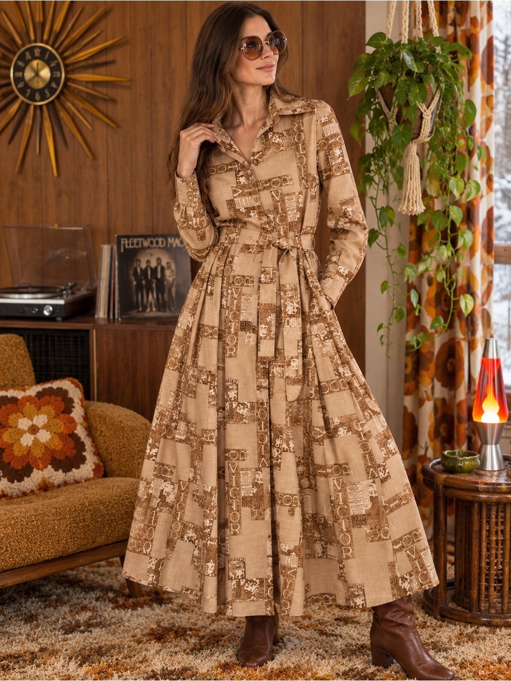 Vintage 1970s Novelty Tobacco Print Maxi Shirt Dress Belted Boho Mod